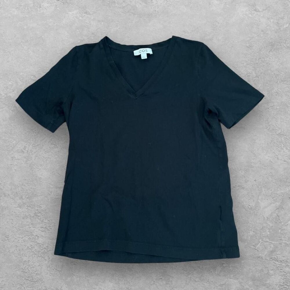 COS Womens V-Neck T-Shirt 100% Cotton Short Sleeve Black Top Tee Size XS Regular